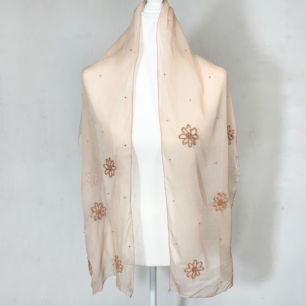 Vintage Sheer Tan Long Scarf with Wooden Beaded Flowers Boho Earthy Festival